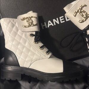 CHANEL Women's Quilted Black and White Combat Boots